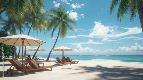 chairs a luxury beach resort, with palm trees, a clear blue sky, and waves gently hitting the shore in the background