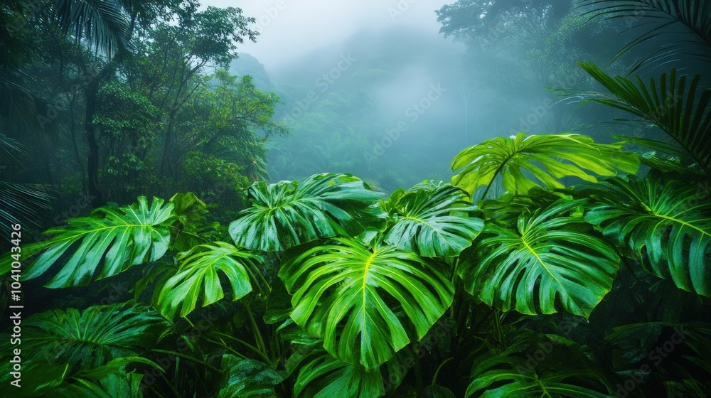 Lush tropical rainforest foliage with mist in the background. Lush tropical rainforest foliage with mist in the background.