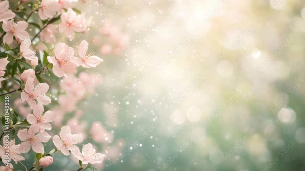 Delicate Pink Blossoms with Soft Green Leaves and Bokeh Background for Spring Design Delicate Pink Blossoms with Soft Green Leaves and Bokeh Background for Spring Design