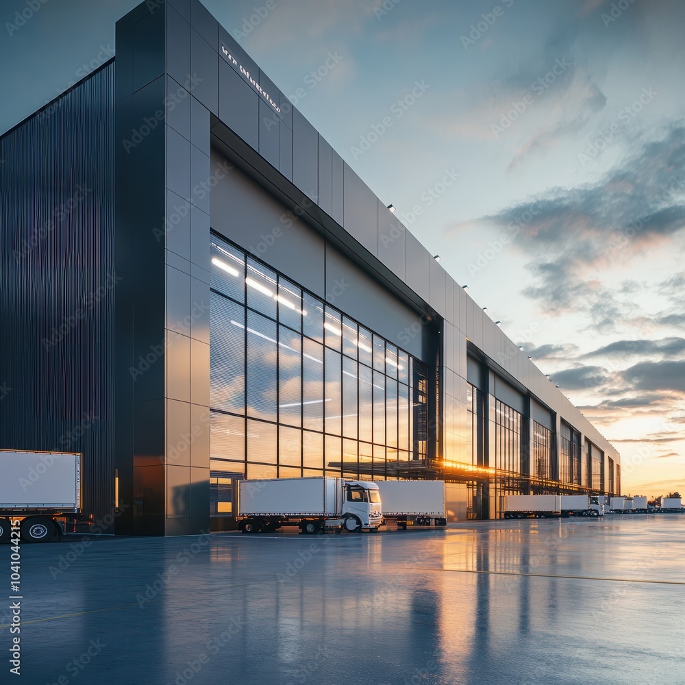 Obraz premium Realistic render of large logistic business transport warehouse dock station. Factory and transport house. Commercial office building.