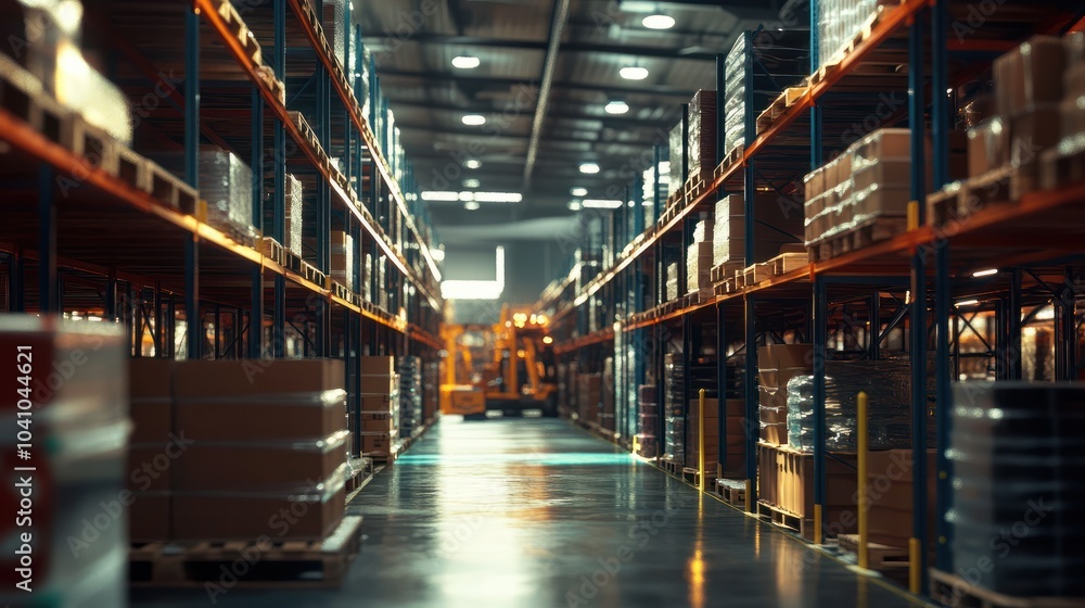 Fototapeta premium Retail warehouse full of shelves with goods in cartons, with pallets and forklifts. Logistics and transportation blurred background. Product distribution center.