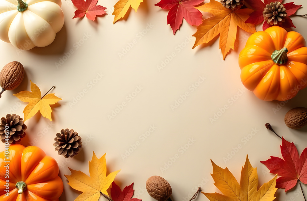 Fototapeta premium Autumn background for inscription, maple leaf, pumpkin, cones