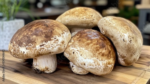 A cluster of large, brown mushrooms on a wooden surface, ready for culinary use.