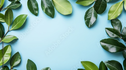 Vibrant green leaves on blue, a study in natural color and texture serene