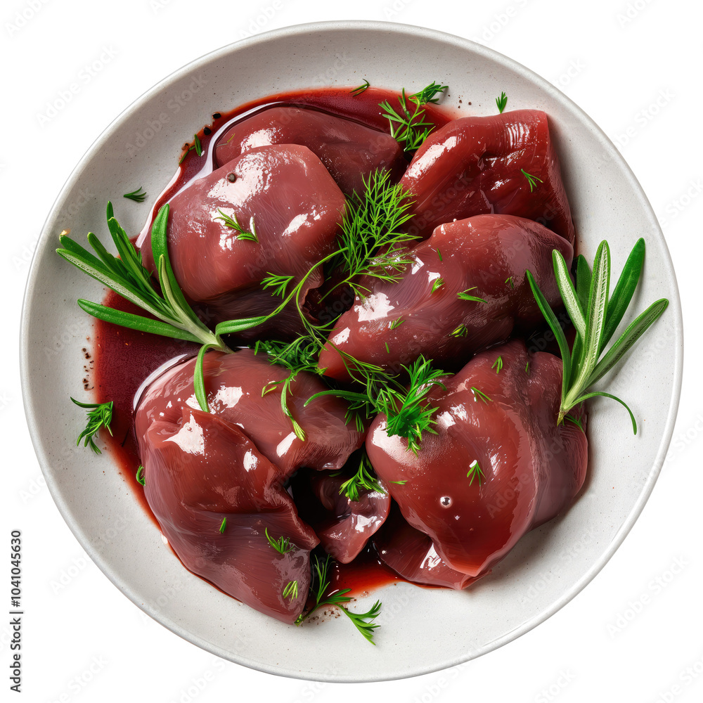 raw chicken liver in a plate top view isolated on transparent white background, clipping path raw chicken liver in a plate top view isolated on transparent white background, clipping path
