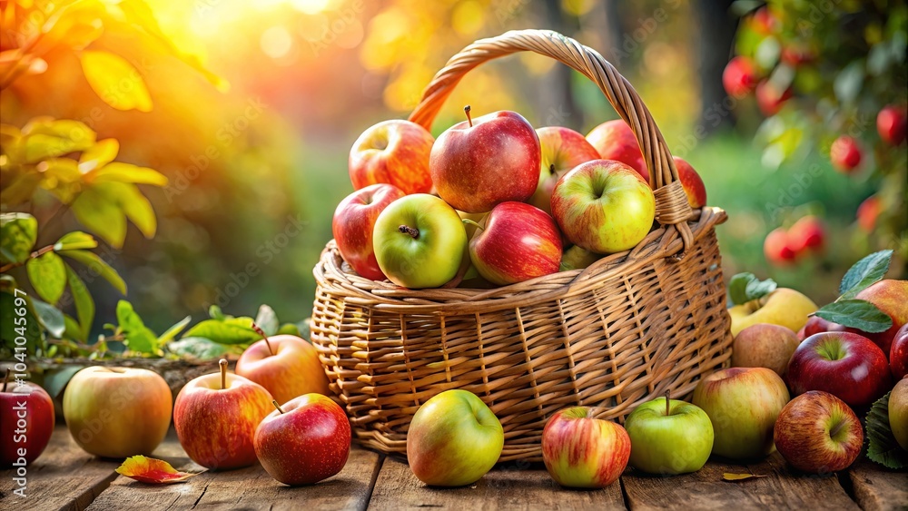 A wicker basket overflowing with freshly picked apples, bathed in the warm glow of the setting sun, with a scattering of fruit spilling onto a rustic wooden surface A wicker basket overflowing with freshly picked apples, bathed in the warm glow of the setting sun, with a scattering of fruit spilling onto a rustic wooden surface
