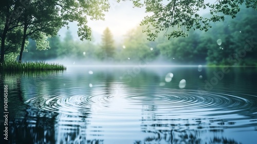 Serene lake with ripples and misty morning