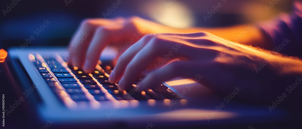 Hands typing on a laptop in low light. Hands typing on a laptop in low light.