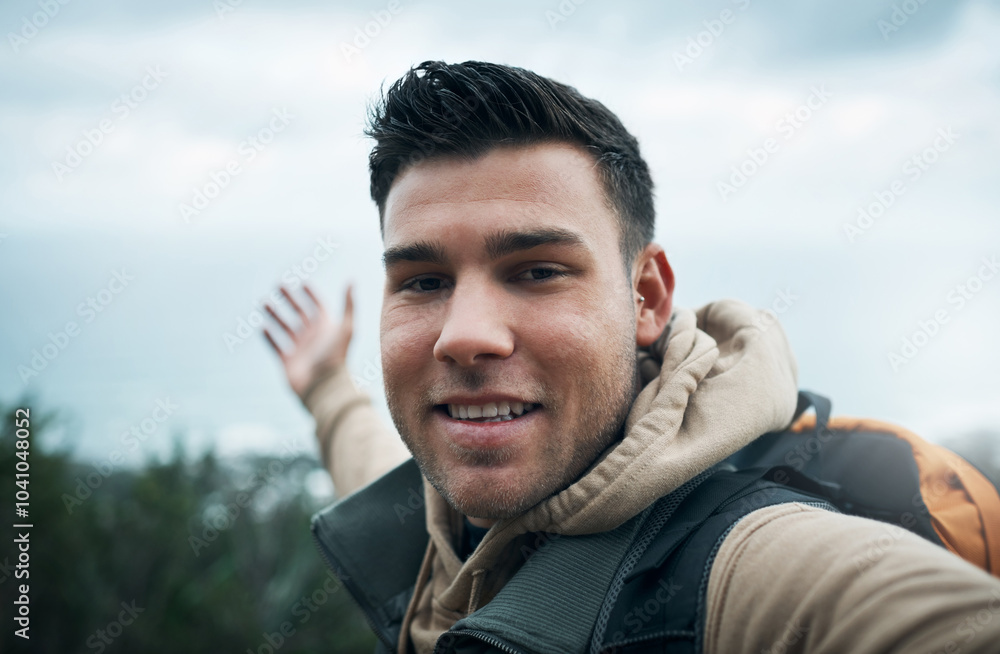Hiking, vlog and portrait with man on mountain for live streaming, travel and adventure. Challenge, wellness and social media with person and trekking in nature for backpacking, fitness and vacation Hiking, vlog and portrait with man on mountain for live streaming, travel and adventure. Challenge, wellness and social media with person and trekking in nature for backpacking, fitness and vacation