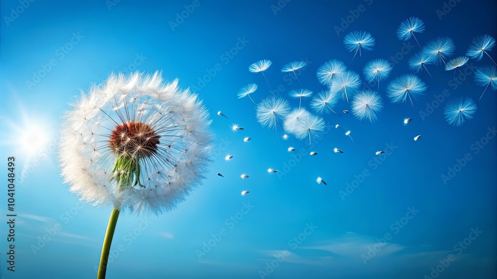 A single dandelion releasing its seeds into the vast blue sky, a delicate dance of nature's dispersal A single dandelion releasing its seeds into the vast blue sky, a delicate dance of nature's dispersal