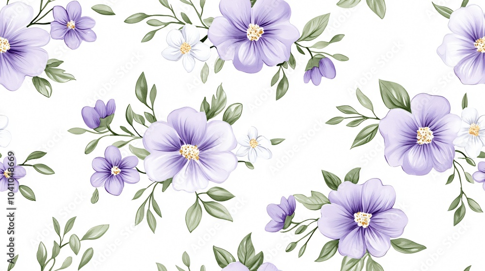 Fototapeta premium Elegant Floral Pattern Featuring Purple and White Blooms and Green Leaves for Stylish Home Decor