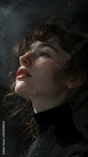 Portrait of a Woman Looking Up with a Thoughtful Expression