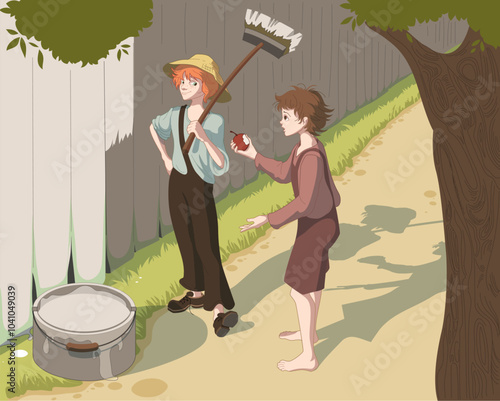 Tom sawyer paints fence and bargains for red apple book illustration. Vector cartoon