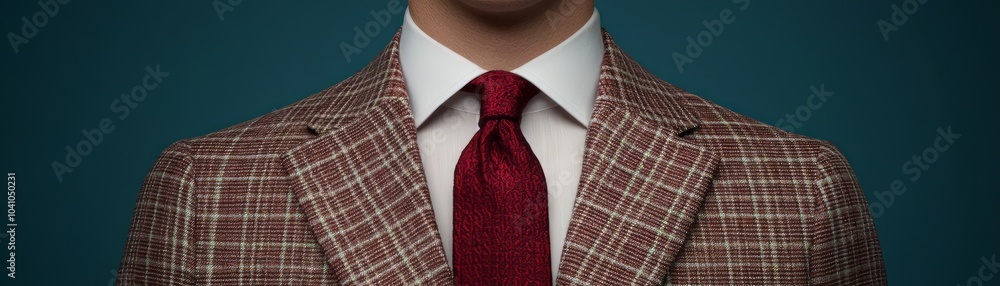 Stylish man in a brown checkered suit and red tie against a dark background. Stylish man in a brown checkered suit and red tie against a dark background.