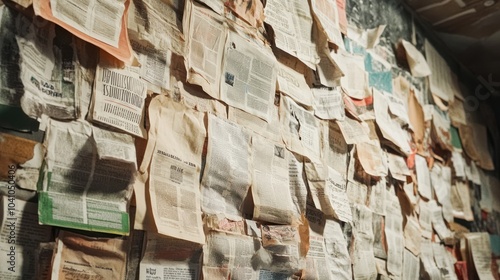 A wall covered in various papers, creating a textured and layered visual display.