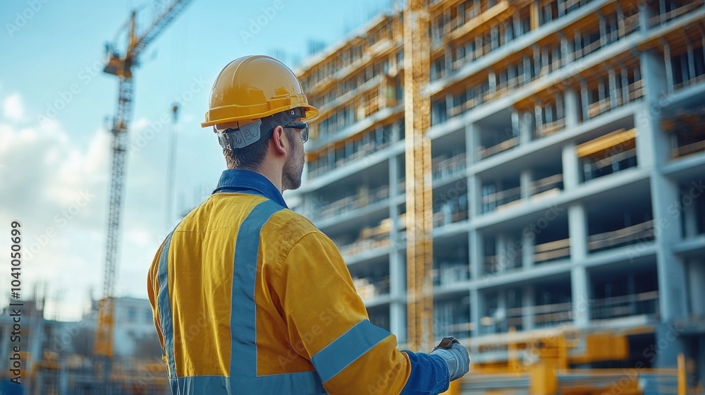 Construction worker observing a building site with cranes. Construction worker observing a building site with cranes.