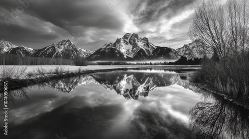 Scenic landscape of the grand tetons with stunning mountain reflection on a calm lake at sunrise, capturing majestic peaks and serene waters in wyoming’s grand teton national park for nature and outdo photo