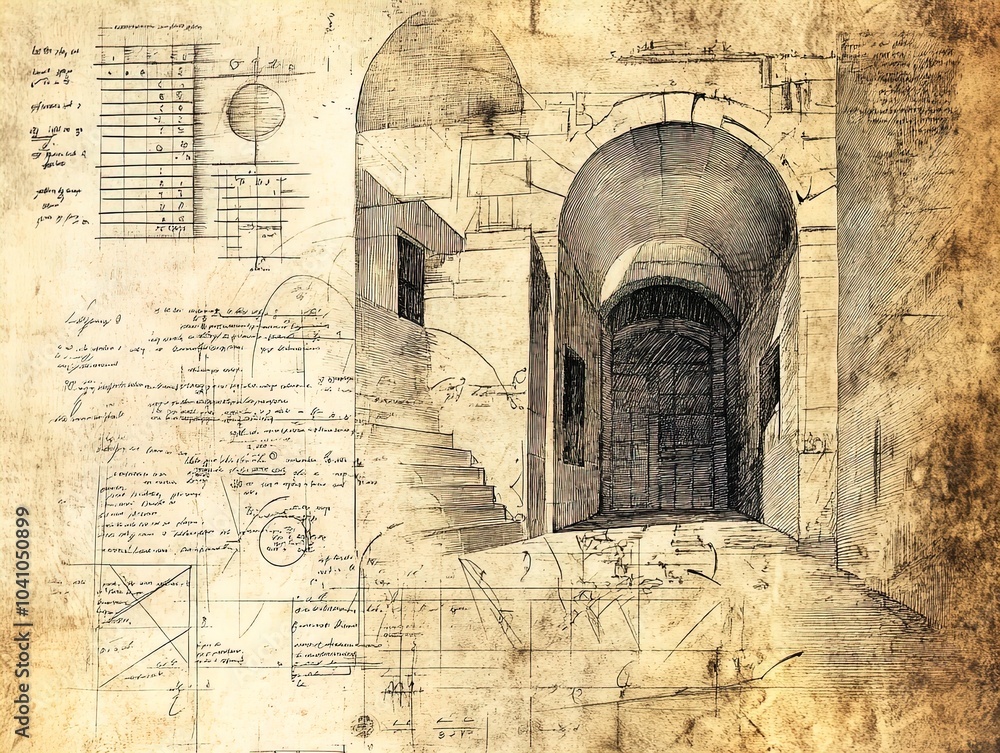 Fototapeta premium Architectural Dreams: A Stunning Historical Scroll Featuring Intricate Door and Arch Sketches – Perfect as a Poster for Sports Interiors or Artistic Inspiration