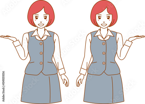 こちらと指し示す長袖の事務服の女性