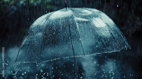 A close-up of a transparent umbrella in heavy rain, capturing the essence of a stormy day.