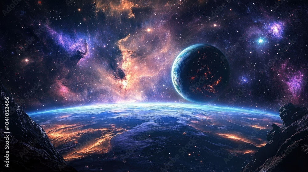 Fototapeta premium Stunning galaxy of glowing stars and swirling nebulas, with vibrant colors lighting up the infinite beauty of space