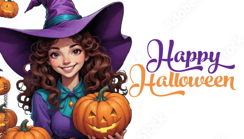 Happy Halloween Banner Vector Design. Little cute girl in a witch costume with pumpkins.  Halloween design.