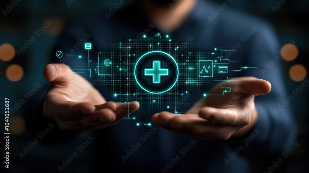 A man's hands hold a glowing digital plus sign representing healthcare and technology. A man's hands hold a glowing digital plus sign representing healthcare and technology.