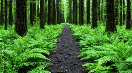 Forest Path with Ferns and Tall Trees Lush Greenery Nature Scene