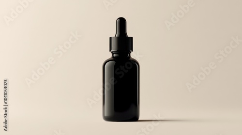 Black glass dropper bottle mockup. Isolated medical bottle with pharmacy syrup. Liquid serum essence jar with pipette. Organic beauty tincture eyedropper flask. Essential oil glass bottle