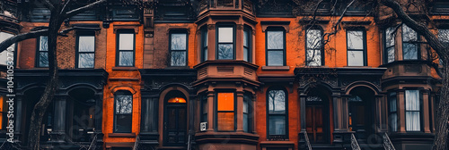 Row of ornate red brick buildings with varied windows photo