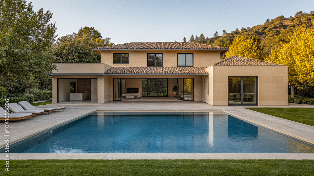 Modern house with a swimming pool in a serene landscape during late afternoon light Modern house with a swimming pool in a serene landscape during late afternoon light