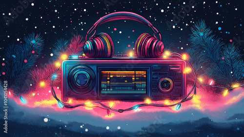 Retro boombox with headphones and Christmas lights in snowy scene