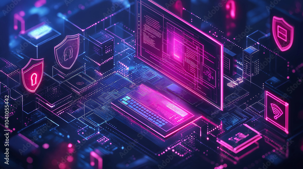 Cybersecurity network with neon pink shields and data visualization
Cybersecurity network with neon pink shields and data visualization