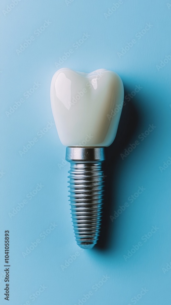 A dental implant features a titanium post with a ceramic crown resting on a vibrant blue backdrop, highlighting advancements in restorative dental procedures A dental implant features a titanium post with a ceramic crown resting on a vibrant blue backdrop, highlighting advancements in restorative dental procedures