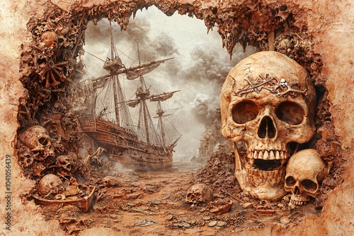Pirate Ship with Skull and Treasure in Dark Scene