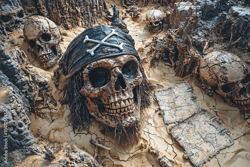 Pirate Skull with Map in Deserted Island Setting