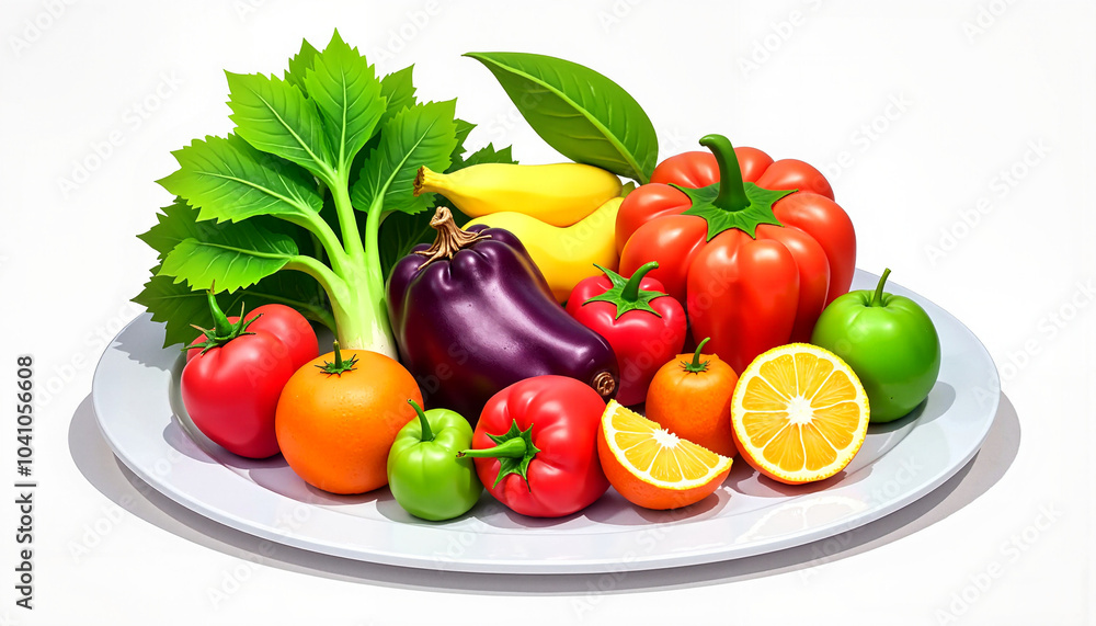 Fresh fruits and vegetables on a white plate for balanced diet Fresh fruits and vegetables on a white plate for balanced diet