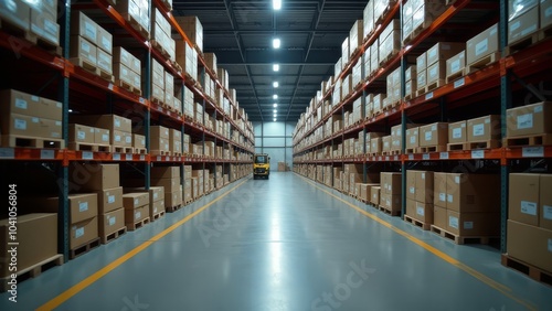 Wallpaper Mural A forklift driver is in a large warehouse with many boxes and bottles Torontodigital.ca