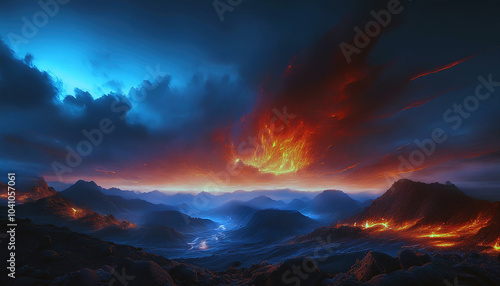 Volcanic eruption at sunset, fiery lava flows illuminate a dramatic mountain range under a vibrant, contrasting blue and red sky. Breathtaking!