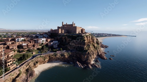 Aerial View of Coastal Town with Castle on Clifftop