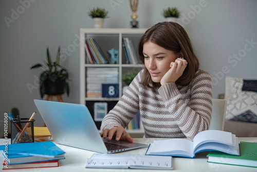 Gen Z student participating in an online class from home photo