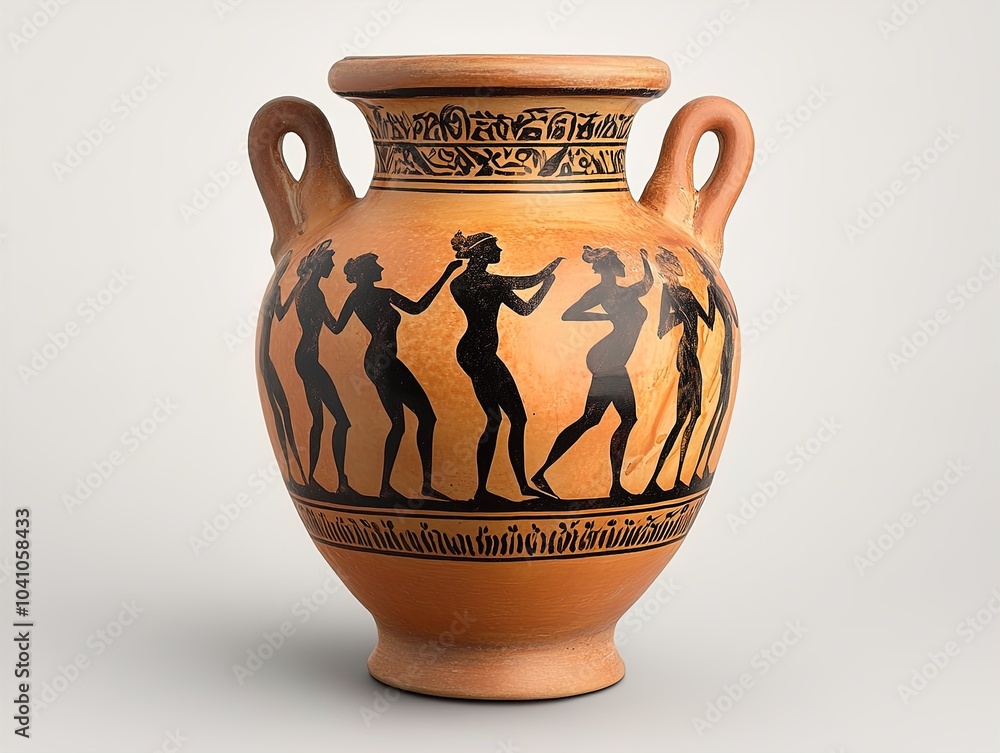 Elegant Ceramic Jar with Dancer Illustrations: Perfect as a Poster for Sports Interiors, Showcasing Artistic Craftsmanship on a Vibrant Orange Base Elegant Ceramic Jar with Dancer Illustrations: Perfect as a Poster for Sports Interiors, Showcasing Artistic Craftsmanship on a Vibrant Orange Base