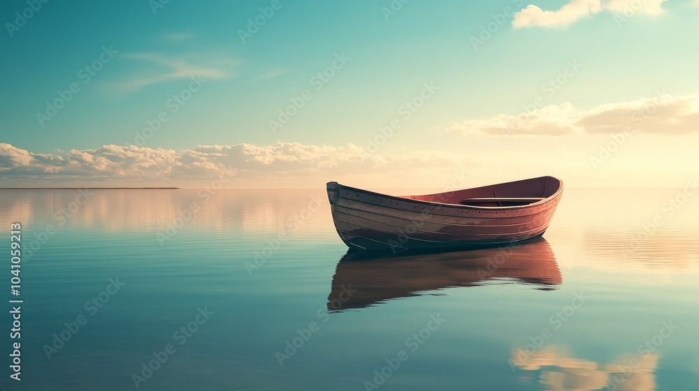 A quiet boat rests on serene waters during early morning light A quiet boat rests on serene waters during early morning light