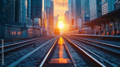 Sunset light casts a warm glow over railway tracks in a city