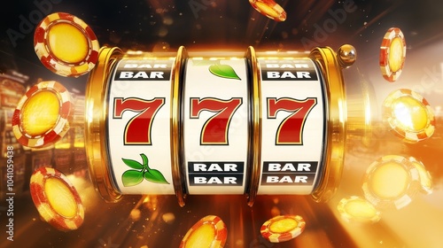 Bright slot machine spins as lucky sevens line up for winnings photo