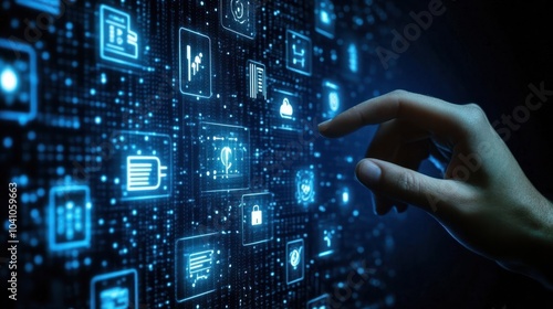 Hand touching a digital screen with icons of technology and online network connection, cloud storage, or security system on a dark blue background.