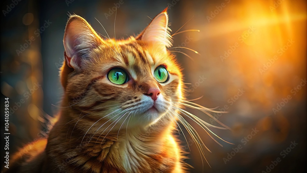 A ginger cat with captivating green eyes stares into the golden light of the setting sun, its whiskers catching the warm glow. A ginger cat with captivating green eyes stares into the golden light of the setting sun, its whiskers catching the warm glow.