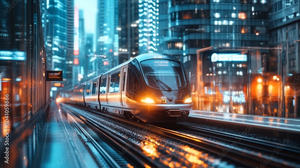 A train moves swiftly along tracks in a vibrant urban setting A train moves swiftly along tracks in a vibrant urban setting