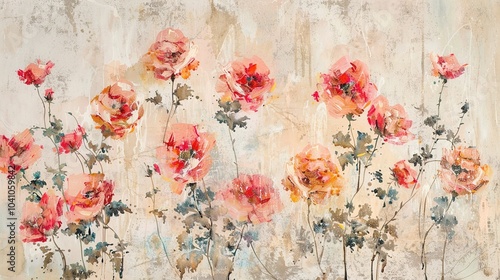 Wallpaper Mural Delicate floral painting with vibrant blossoms on a soft neutral background Torontodigital.ca
