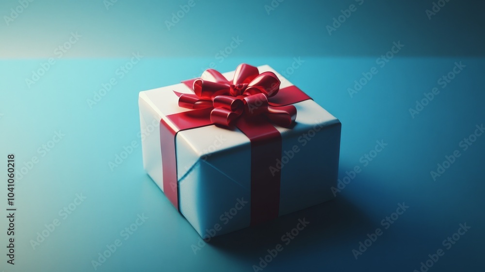Obraz premium A wrapped gift box rests on a blue surface, adorned with a ribbon